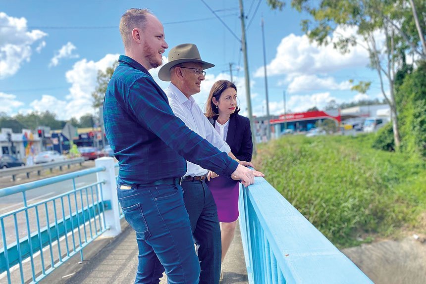 ON WATCH: Shayne Neumann inspects the Bremer River with Ipswich Councillor Andrew Fechner and former Shadow Minister for the Environment and Water Terri Butler last year.
