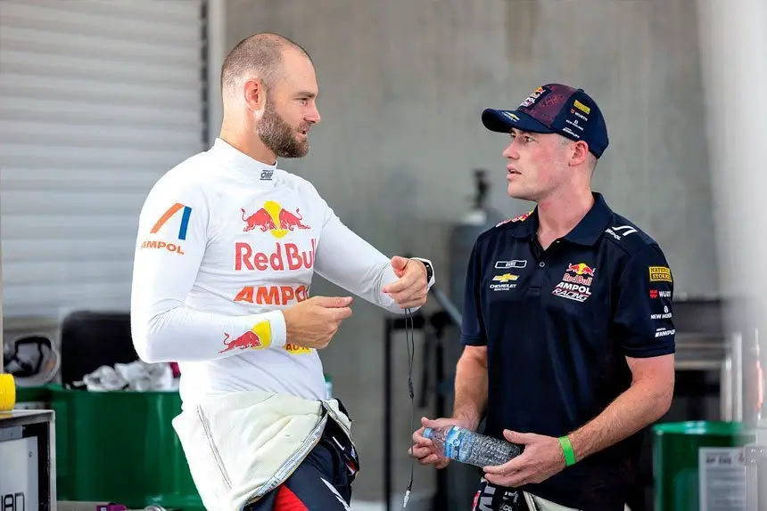 THE CHAMP: Shane Van Gisbergen discussing the handling of the car during testing with new team driver Richie Stanaway.