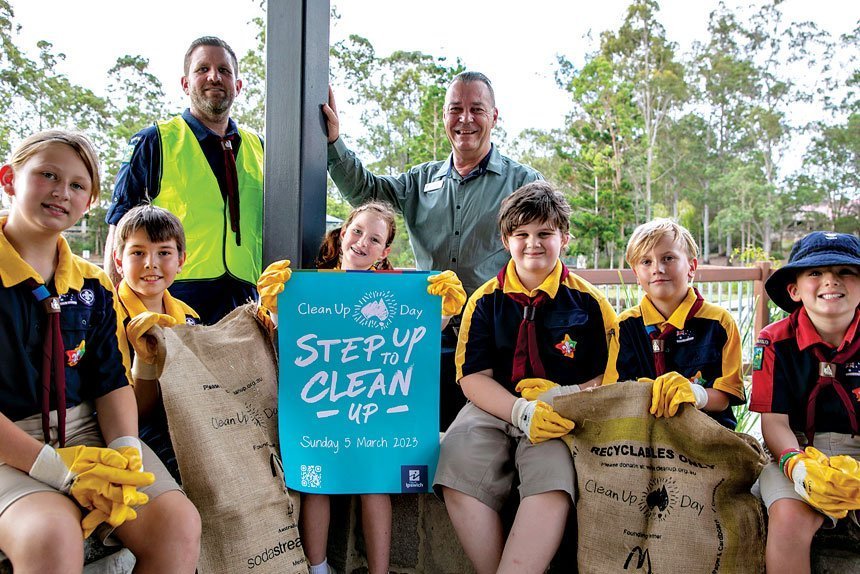 Springfield Cub Scout Leader Thomas Hewitt and Cr Russell Milligan say well done to Clean Up Australia day scouts Kizzy-Anne Wall, Leo Mastena, Bessie Hackwill, Michael Brown, Tyler Walton and Seb Hewitt