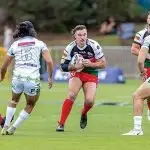 TOUGH MATCH: Wynnum Manly’s Kobe Hetherington brings the ball up against the Jet’s defence in the weekend game won 50-6 by Wynnum. PHOTO: JIM O’REILLY/QRL