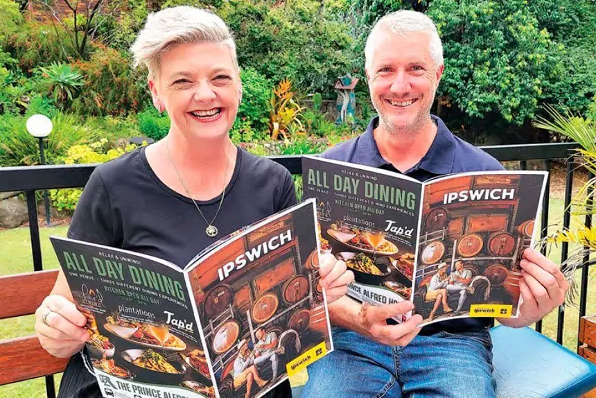 LOOKS GOOD: The new owner of Soul Nook Collective, Pauline Bussain and Jason Hannay from Imbibis Craft Distillery gave a thumbs up to the 2023 Ipswich Visitor’s Guide.