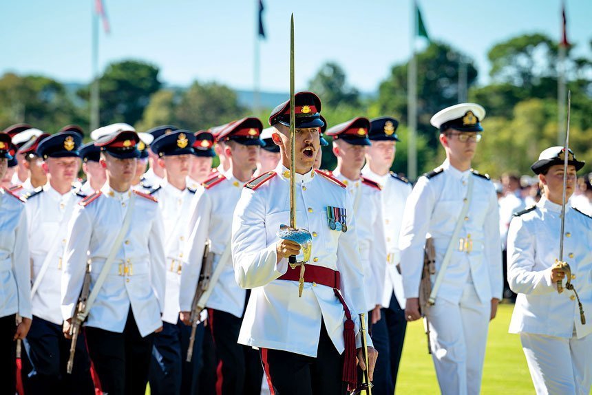 WELCOME TO THE FORCES: Officer Cadet Harry Bates of Alpha Squadron leads his squadron in the quick march component of the 2023 ADFA CDF Parade.