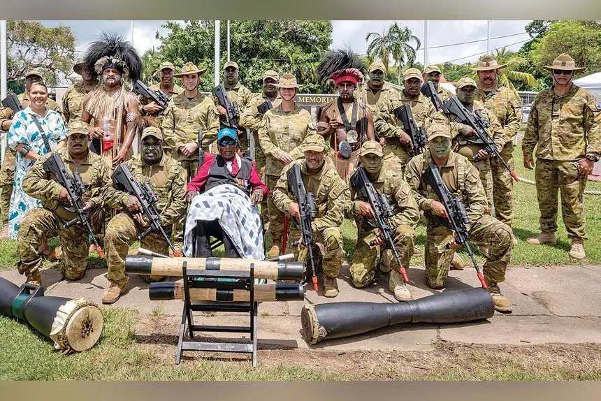 UNIT RECOGNISED: Chief of Army Lieutenant General Simon Stuart with World War Two veteran Awati Mau and members of Sarpeye (Charlie) Company at the anniversary ceremony