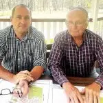 LONG WAIT: Local developer, Jason McDonald and Deebing Heights land owner, Brian Benson, discuss the future of the Deebing Downs project. Once the council approval comes through Jason will be able to sign off on the agreed land sale with Brian.