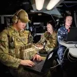 IN OPERATION: Flight Lieutenant Ben Young, Leading Aircraftman Shaun O’Brien and Flying Officer Diana Mitchell conduct control and reporting of air and ground assets during Exercise Tasman Shield 2023.