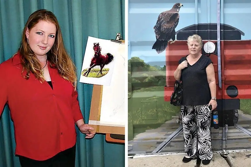 Artist Karen Leahy (Right) will feature her work alongside that of Caroline Bradley (Left) at their Lowood Exhibition “Feathers, Fur and Fantasy”.