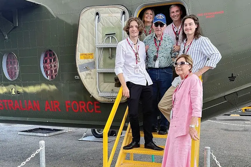 MEMORIES: Jeffrey Pedrina, centre, and his family members check out a de Havilland DHC-4 Caribou (A4-236) at RAAF Amberley Aviation Heritage Centre. Jeffrey flew the same type Caribou during the Vietnam War,