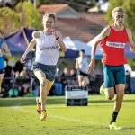 FIGHTING SPIRIT: Australia Olympic representative, Stewart McSweyn, strains to hold off a tenacious Jude Thomas in the battle for second at the recent Beachside Gift.
