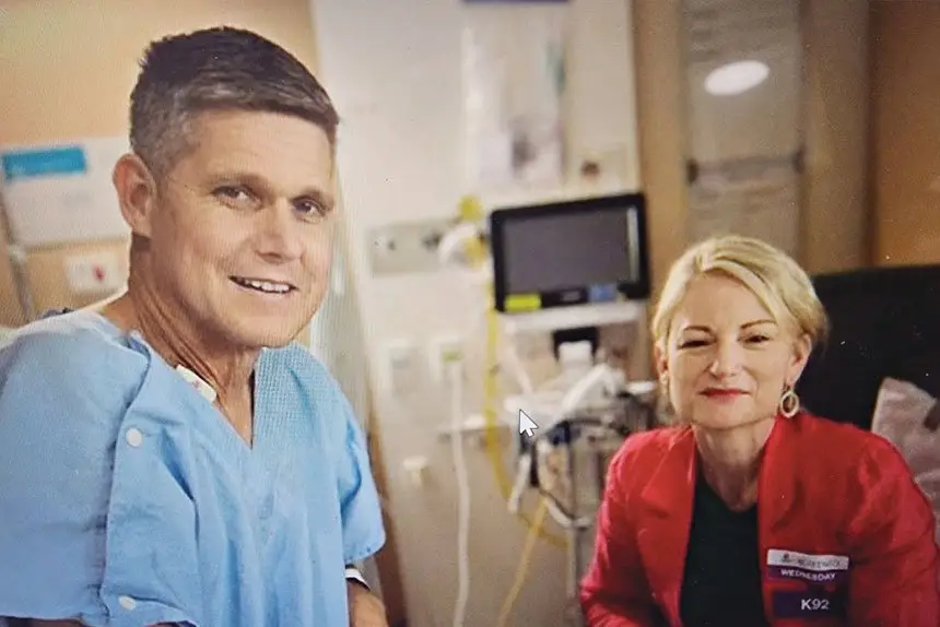 BACK IN THE GAME: Squadron Leader Mark Oksanen with wife Joanne after transplant surgery in Perth in July last year.