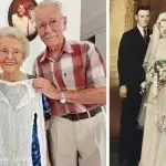 MEMORIES: Joan and Ron pulled out the old wedding dress as they pose in front of the photo of their two children.