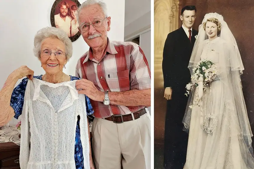 MEMORIES: Joan and Ron pulled out the old wedding dress as they pose in front of the photo of their two children.