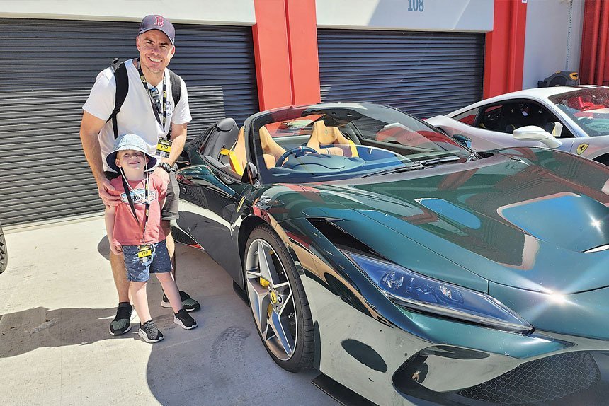Matt Thomas and son Owen from Bellbird Park also went out to the Motor Culture day and took time out to look at the Ferrari F8 Spider that was on display. For around $800,000 they could own an identical model.