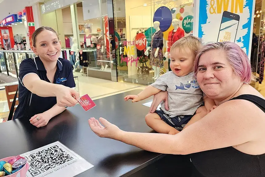 Riverlink assistant marketing manager, Ebony Clough has been handing over winning prizes during the centre’s Easter promotions. Kelly Brennan, was one of the happy winners. Young Morris wanted to keep the ticket.