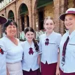 IN TOUCH: St Mary’s College Principal, Paula Goodwin catching up with students Ivy Newby, Sienna Goulding, Scarlett Kitching and Charli Precians.