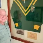 PROUD: Johnny Brown with his 1970 Australian World Cup jumper. He wore it when he played against France.