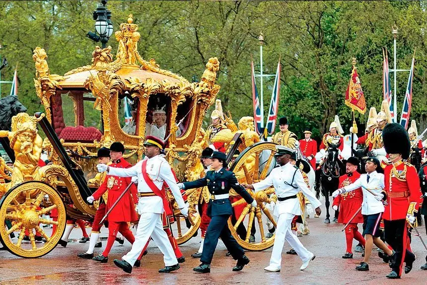 PROUD MOMENT: Royal Australian Air Force Corporal Tegan Ross from Australia’s Federation Guard with representatives from Commonwealth countries escort the Gold State Coach during the Coronation of His Majesty The King.