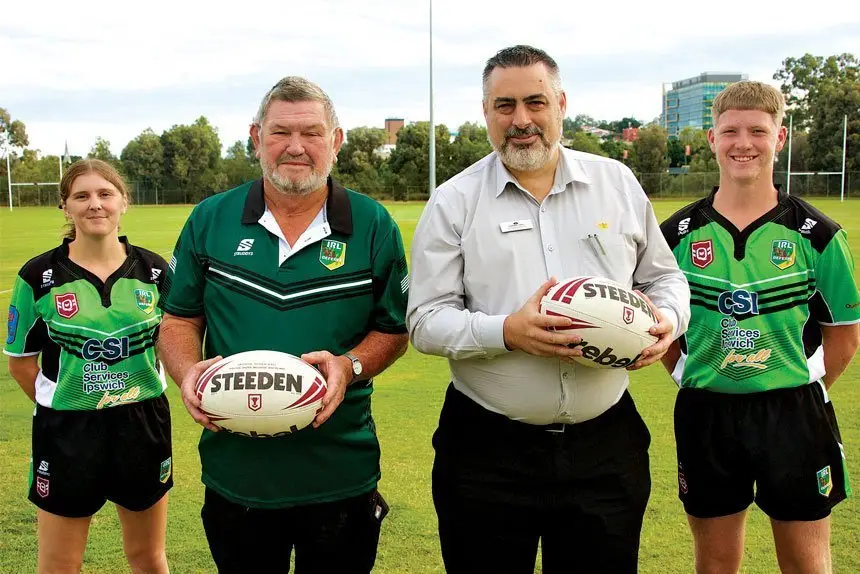 BANK ON IT: Ipswich League Referees President Graham Nipperess with Queensland Country Bank Ipswich Area Manager Michael Doherty and referees Jacob Van Ek and Cachella Williamson.
