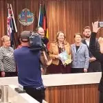 ALL SMILES: Councillors pose for the media after releasing the latest budget.