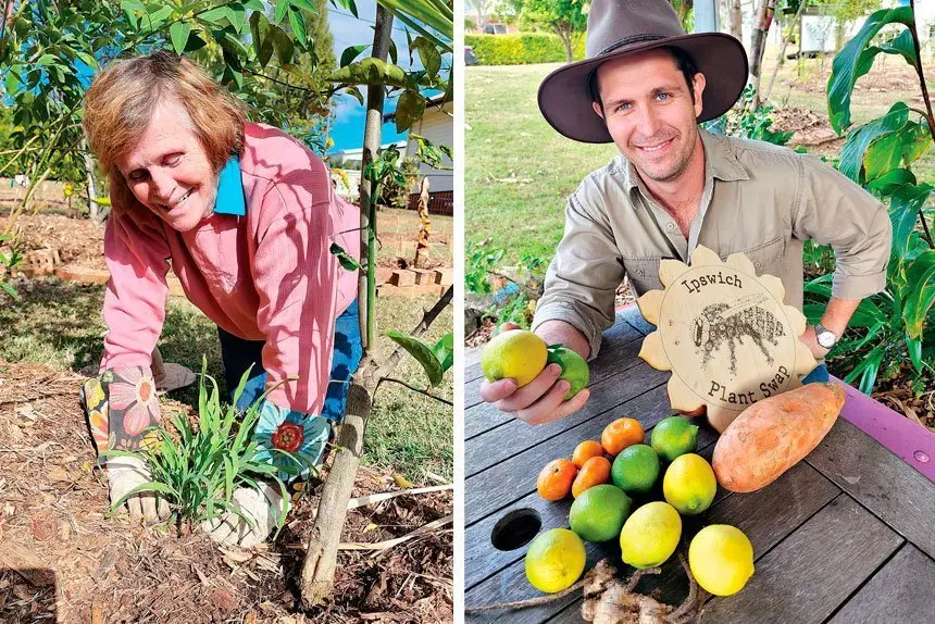 (Left) Marilyn Kraschnefski tends to one of the new fruit trees. (Right) Cam Lund reveals how members of Ipswich Plant Swap also share the spoils of their work.
