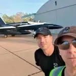 LAST PLANE: Surface finishers Steven Marshall and LAC Macdara Barden in front of their last plane a FA 18A Hornet.