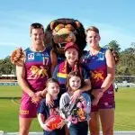 READY TO ROLL: Jarryd Lyons and Dakota Davidson grabbed a pair of roller-skates and posed with some young fans and the club mascot this week to promote the upcoming fun activity at their Brighton Homes Arena in Springfield.