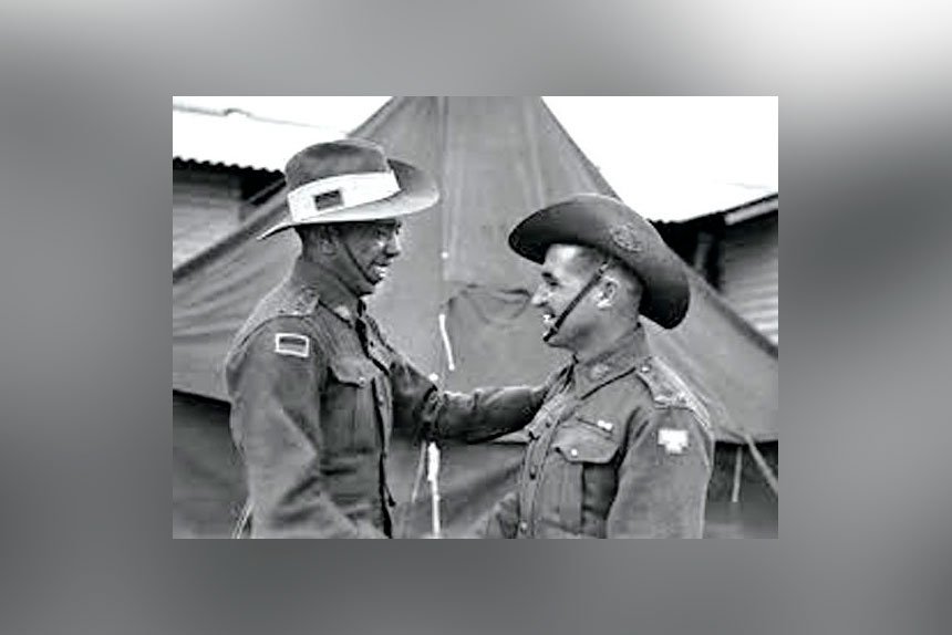Lieutenant T.C. Derrick, (right) with Lt R. W. Saunders (left). Lt Saunders was the first Aboriginal commissioned in the Australian Army.
