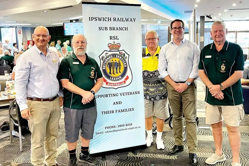NEW GRANTS: Federal Blair MP Shayne Neumann and Minister for Veterans’ Affairs Matt Keogh with members of the Ipswich Railway RSL Sub Branch, which has received a Building Excellence in Support and Training Program grant to support advocacy services for local veterans.