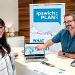 NEW VISION: Ipswich resident Ray Byrnes and Ipswich City Council town planner Garath Wilson discuss the new draft Ipswich Plan 2024.