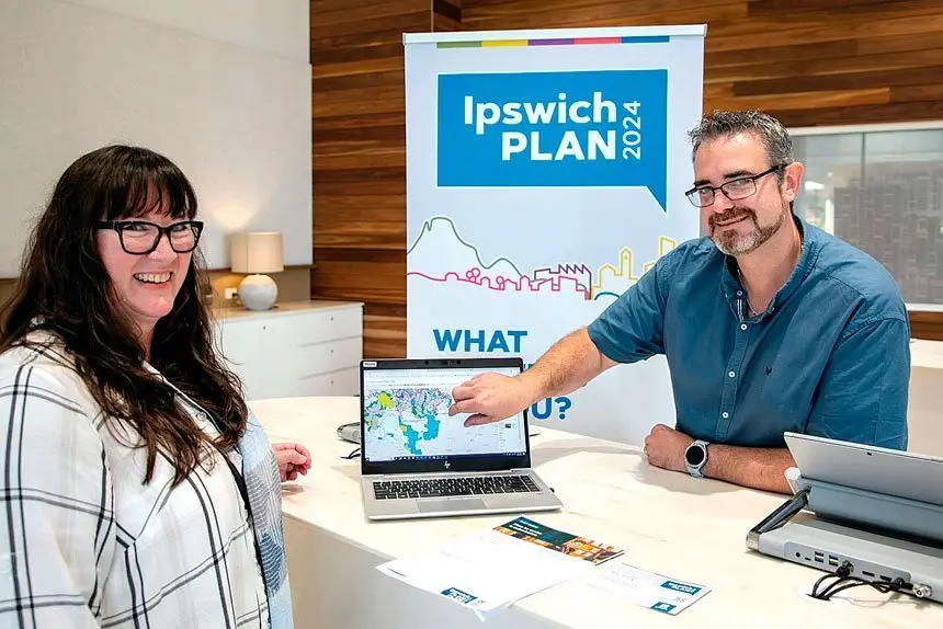 NEW VISION: Ipswich resident Ray Byrnes and Ipswich City Council town planner Garath Wilson discuss the new draft Ipswich Plan 2024.