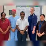 RESEARCHING CANCER CARE: Obstetrics and Gynaecology trainees led by Senior Staff Specialist Dr Lilantha Wedisinghe (l. to r.) Carla Pecoraro, Tendai Miller, Jeevan Jangam, Dr Wedisinghe, Sarah Skalecki, Abigail Bangoy and Emily Wilson