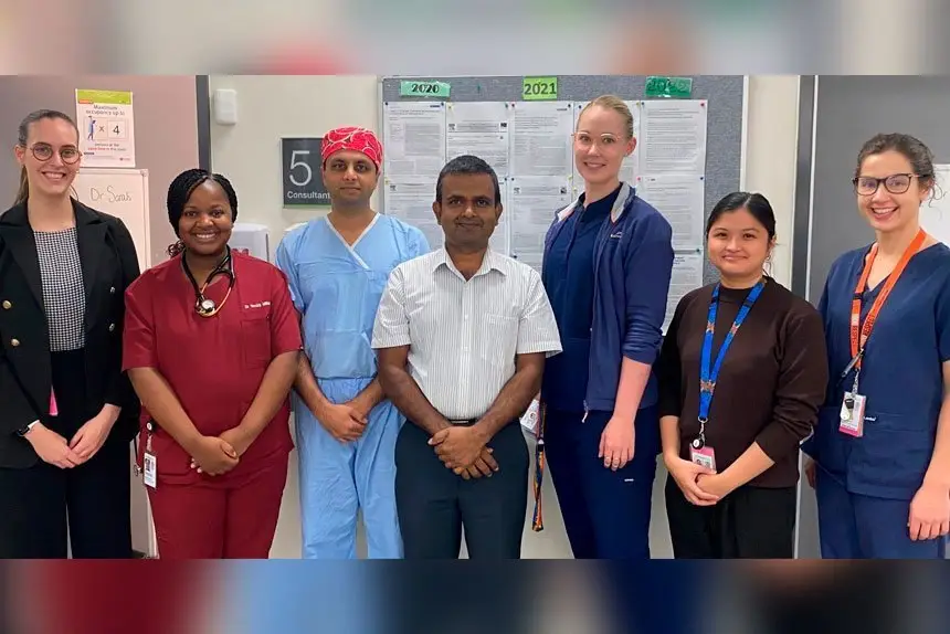 RESEARCHING CANCER CARE: Obstetrics and Gynaecology trainees led by Senior Staff Specialist Dr Lilantha Wedisinghe (l. to r.) Carla Pecoraro, Tendai Miller, Jeevan Jangam, Dr Wedisinghe, Sarah Skalecki, Abigail Bangoy and Emily Wilson