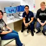 NEW SOUNDS: Daneka MacDonald with Audiology Assistant Yvan Miaco, QCH Audiologist Kate Browning (pictured on screen) and mum, Julie MacDonald