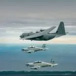 Two Royal Australian Air Force PC-21 aircraft, from No. 4 Squadron, conduct sorties over the Newcastle region with the United States Air Force AC-130J Ghostrider aircraft