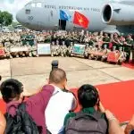 SUPPORT: Vietnam’s President Võ Văn Thưởng with peacekeepers from the Vietnam People’s Army Level Two Field Hospital contingent - Rotation Five, stand alongside a RAAF Globemaster during a farewell ceremony held in honour of their departure from Ho Chi Minh City, Vietnam.