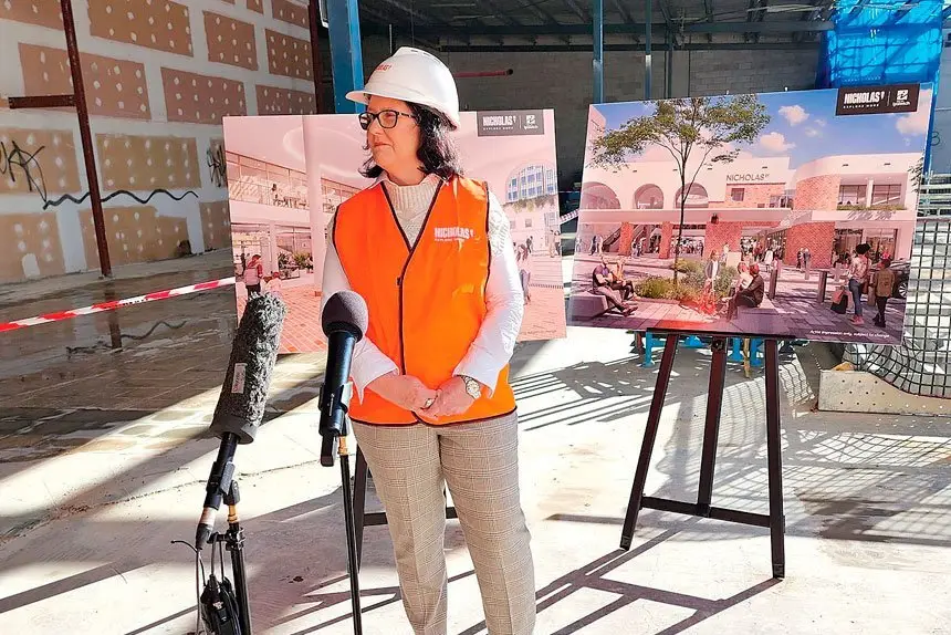 COSTLY: Cr Doyle inside the Venue building which is costing $48m plus to rebuild for new tenants.