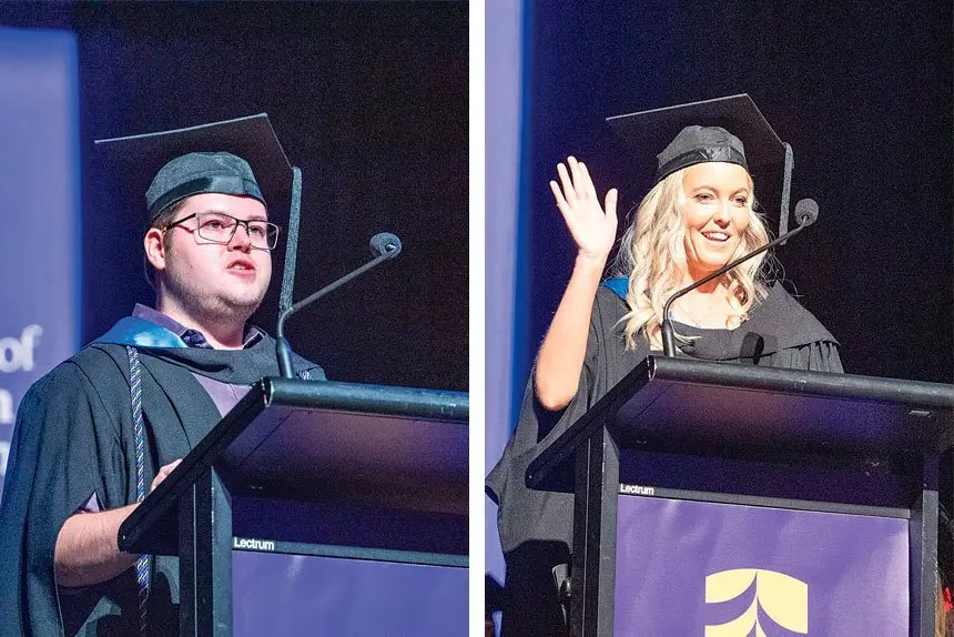 FUTURE LEADERS: Former Ipswich school students, Amy Freer and Jay Stevens took centre stage at the Ipswich Civic Centre last week as valedictorians of their respective UniSQ cohorts.