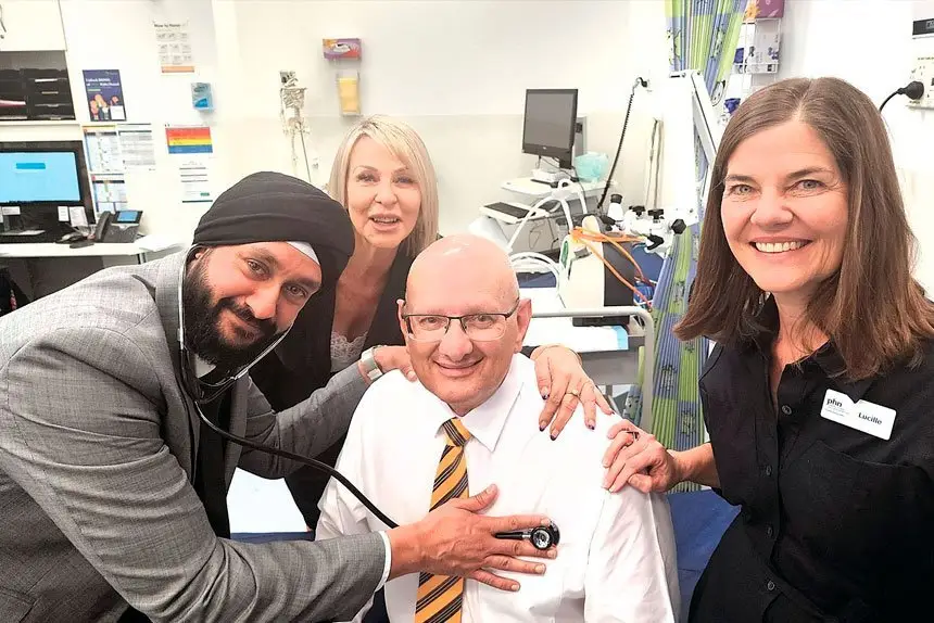 HEART CHECK: Blair MP, Shayne Neumann, volunteered for a friendly heart check at the new Ipswich UCC from Deputy State Clinical Director of PHN, Dr Ajit Bhalla, while senior executives of PHN, Kim Pryce-Lunt and Lucille Chalmers watched on. Dr Bhalla joked the Federal Member does indeed have a heart, although the pulse is light.
