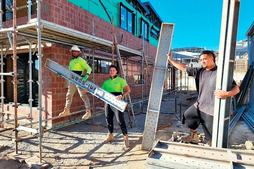 PLENTY OF WORK: Tradies were kept busy building 2258 new homes in Ipswich in the last financial year. Scaffolders like Junior Sami, Kedz Blue and Shayden White have been in high demand. They were on site at Spring Mountain last week.