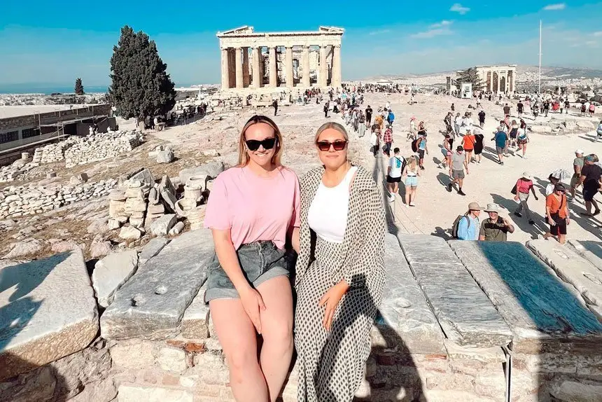 WHOOPS: Just after taking this photo at the Acropolis Aby tripped and broke her toe ending up in hospital. More on that mishap in a future story with Nurses On Tour.