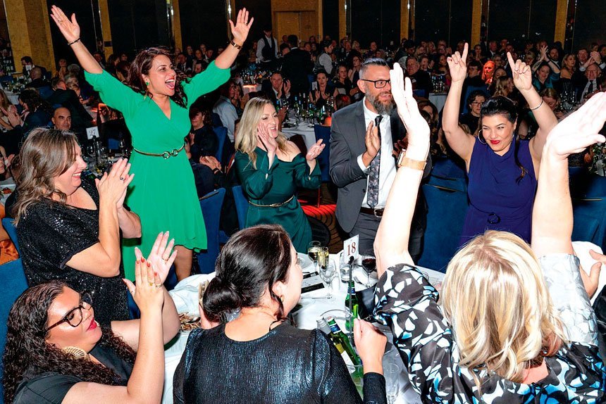 YOU BEAUTY: The Bellbird Park table erupts at the Australian Education Awards night in Sydney when their principal was named the best in the country.