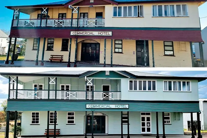 Commercial Hotel before (top) and after (bottom).