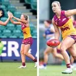NOW THAT’S A WIN: Lily Postlethwaite, Bre Koenen and Jade Ellenger celebrate their great win in Tassie over North Melbourne. / ON SONG: Nat Grider was one of the best for the Lions. PHOTOS: AFL