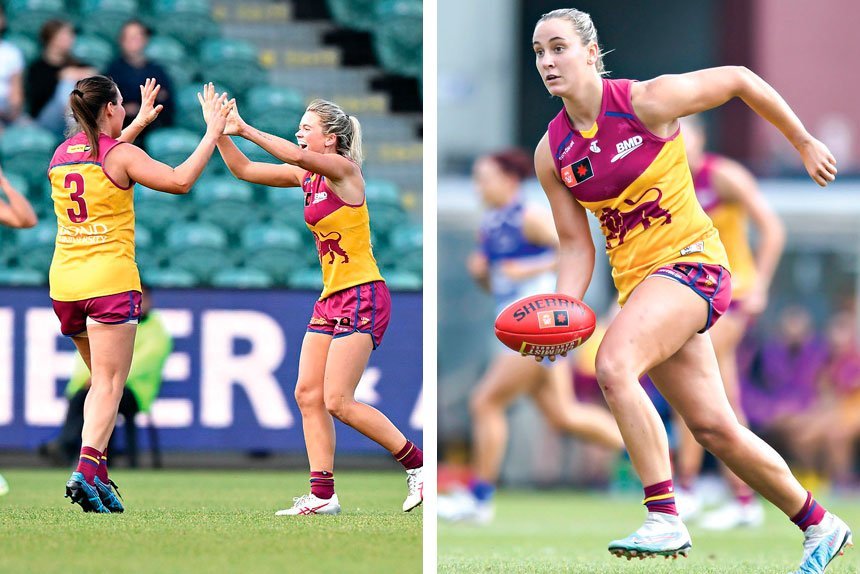 NOW THAT’S A WIN: Lily Postlethwaite, Bre Koenen and Jade Ellenger celebrate their great win in Tassie over North Melbourne. / ON SONG: Nat Grider was one of the best for the Lions. PHOTOS: AFL