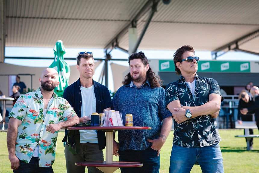 ON TRACK: Andrew Ian Pope, Rowan Howard, Aaron Gocs, and Vince Colosimo shooting a scene at Ipswich Racecourse.