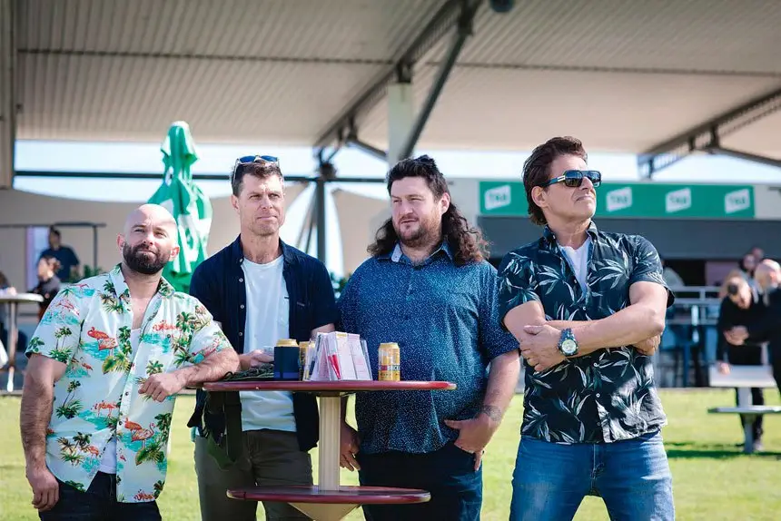 ON TRACK: Andrew Ian Pope, Rowan Howard, Aaron Gocs, and Vince Colosimo shooting a scene at Ipswich Racecourse.
