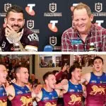 WINNERS: The Brisbane Lions celebrate in song their convincing win over Carlton in the weekend final, while Ipswich legend, Kevin Walters, was all smiles at the after-match press conference with half Adam Reynolds. PHOTOS: AAP