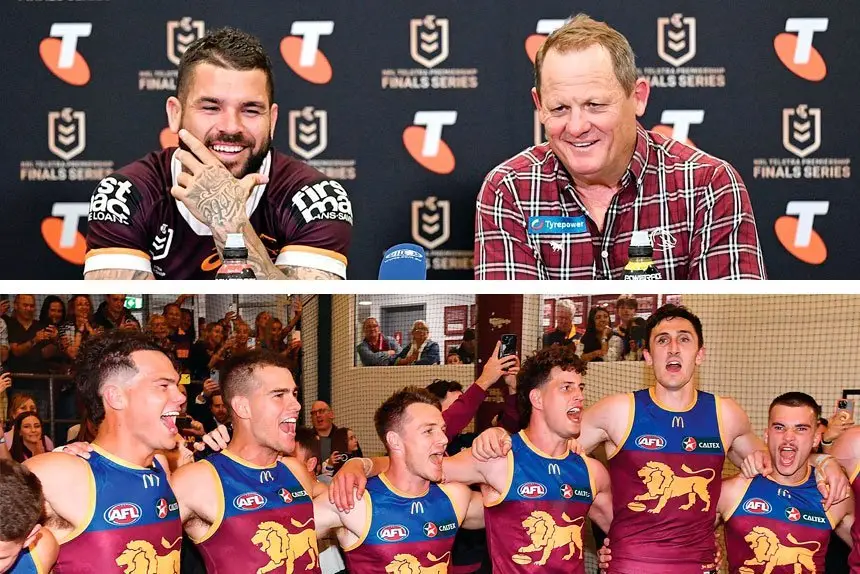 WINNERS: The Brisbane Lions celebrate in song their convincing win over Carlton in the weekend final, while Ipswich legend, Kevin Walters, was all smiles at the after-match press conference with half Adam Reynolds. PHOTOS: AAP