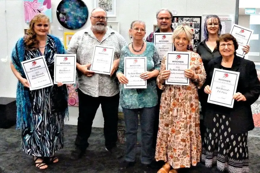 WINNERS: Artists Ann Window, Glen Smith, Carole Kompenhans, Grant Quinn, Jacquie Keeble, Andrea Baumert Howard and Denise Taylor at the Boonah Art Fest Awards Night.