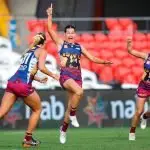 LET’S GO: Sophie Conway celebrates one of the eight goals slotted home in the Lions’ win over the Gold Coast. AFL PHOTOS