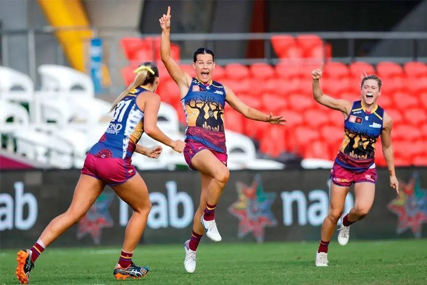 LET’S GO: Sophie Conway celebrates one of the eight goals slotted home in the Lions’ win over the Gold Coast. AFL PHOTOS